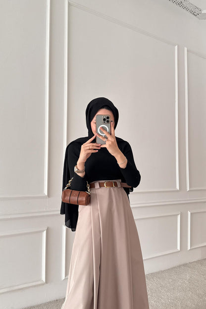 Blok Kemerli Etek Bej