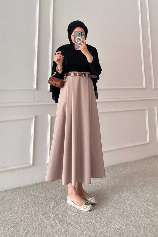 Blok Kemerli Etek Bej