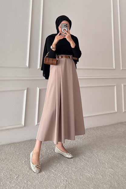 Blok Kemerli Etek Bej