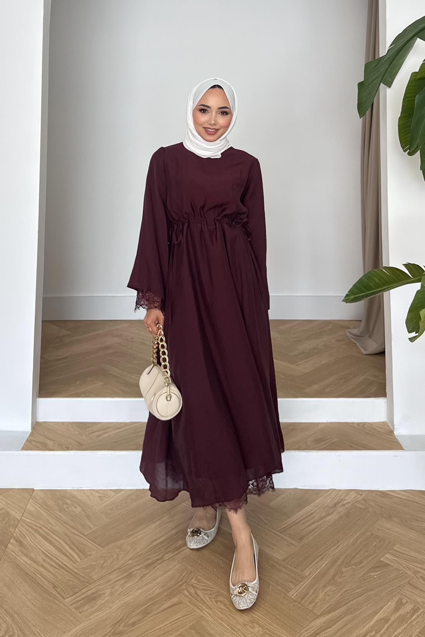 Dual Dantelli Elbise Bordo