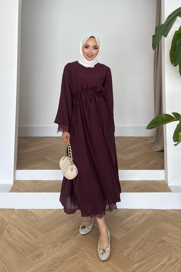 Dual Dantelli Elbise Bordo