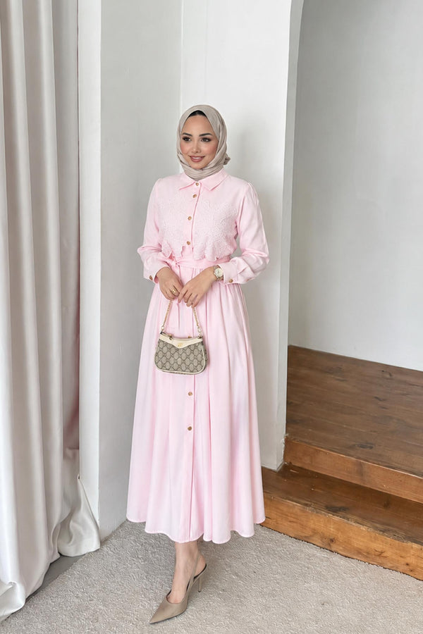 Elliza Dantel Dokuma Elbise Pembe
