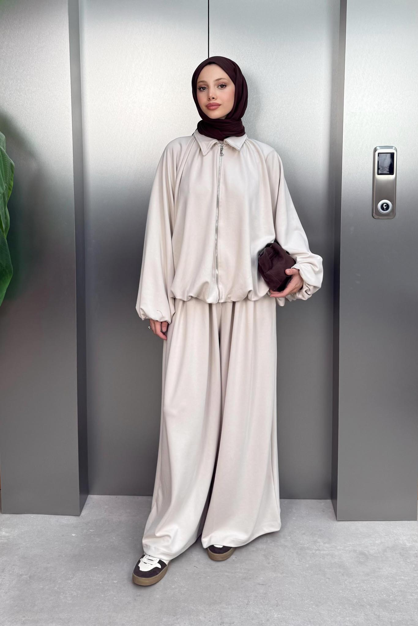 Fermuarlı Oversize Takım Bej