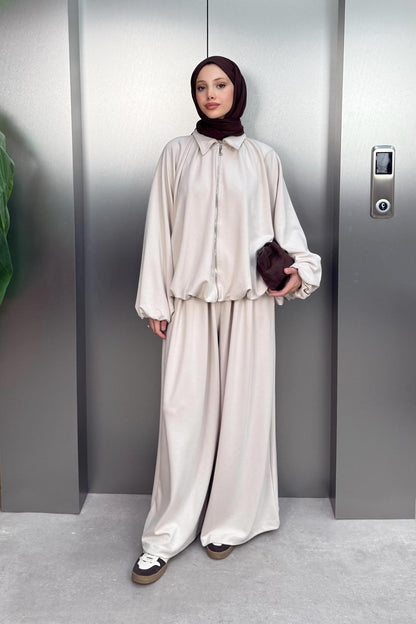 Fermuarlı Oversize Takım Bej