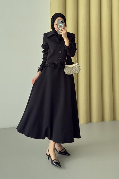 Şifon Detaylı Ceket Takım Siyah