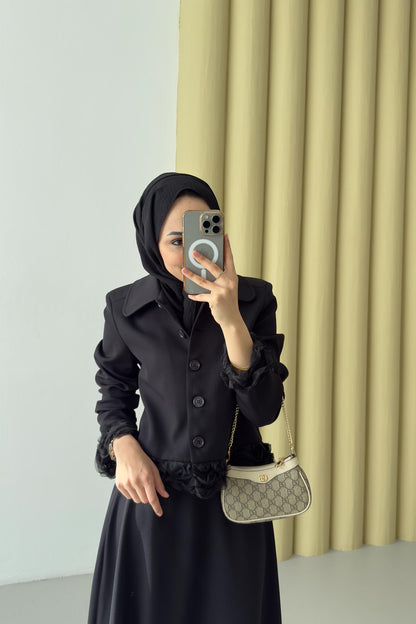 Şifon Detaylı Ceket Takım Siyah