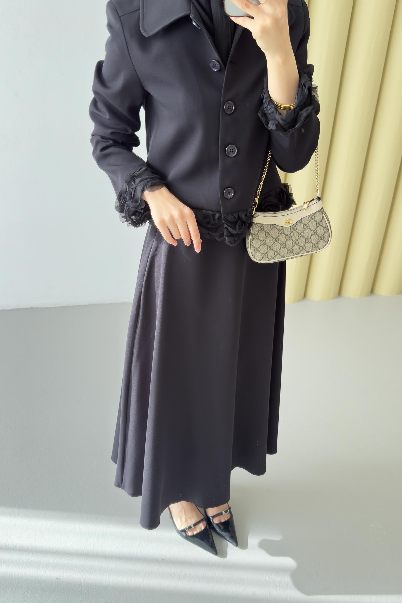 Şifon Detaylı Ceket Takım Siyah