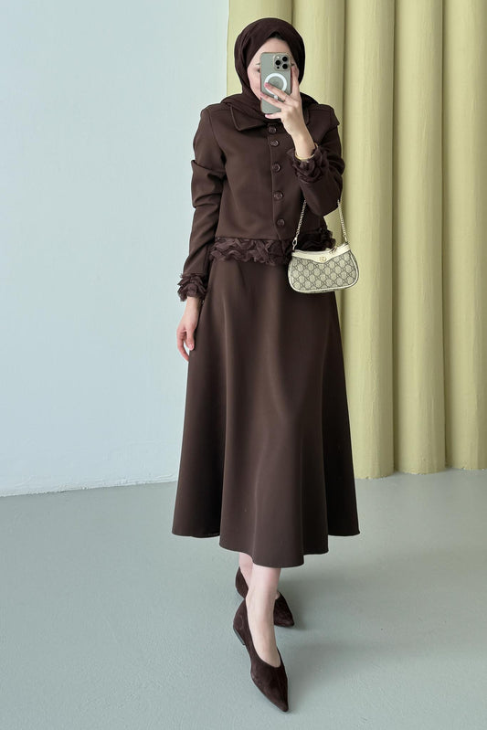 Şifon Detaylı Ceket Takım Kahverengi