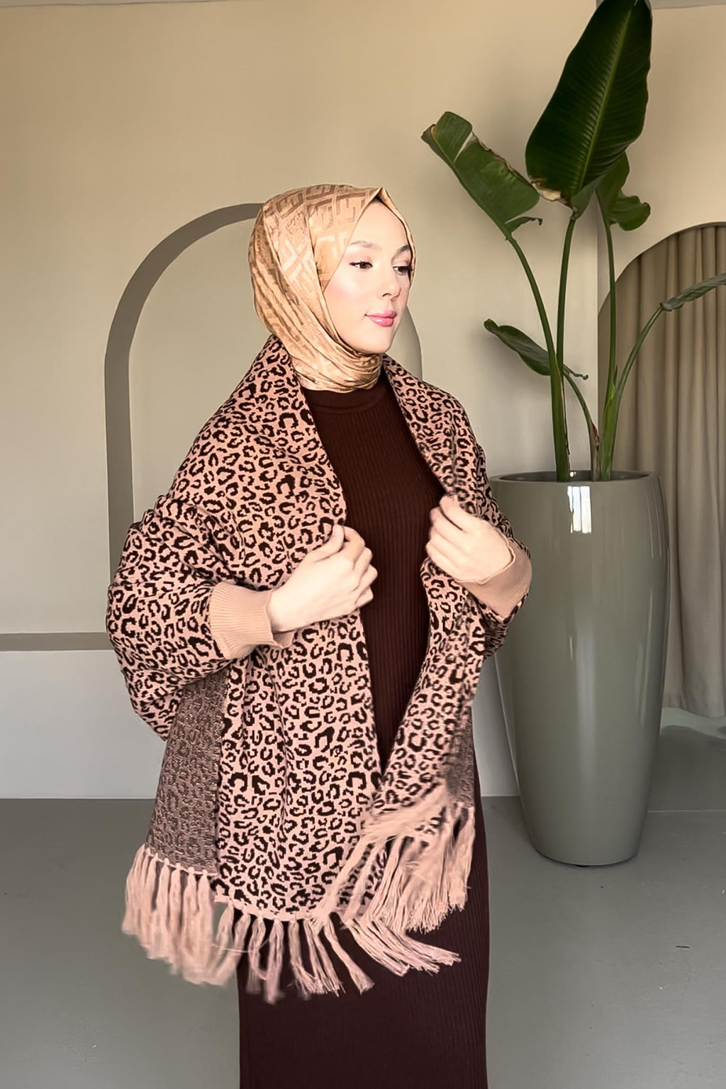 Leopar Şal Panço Kahverengi