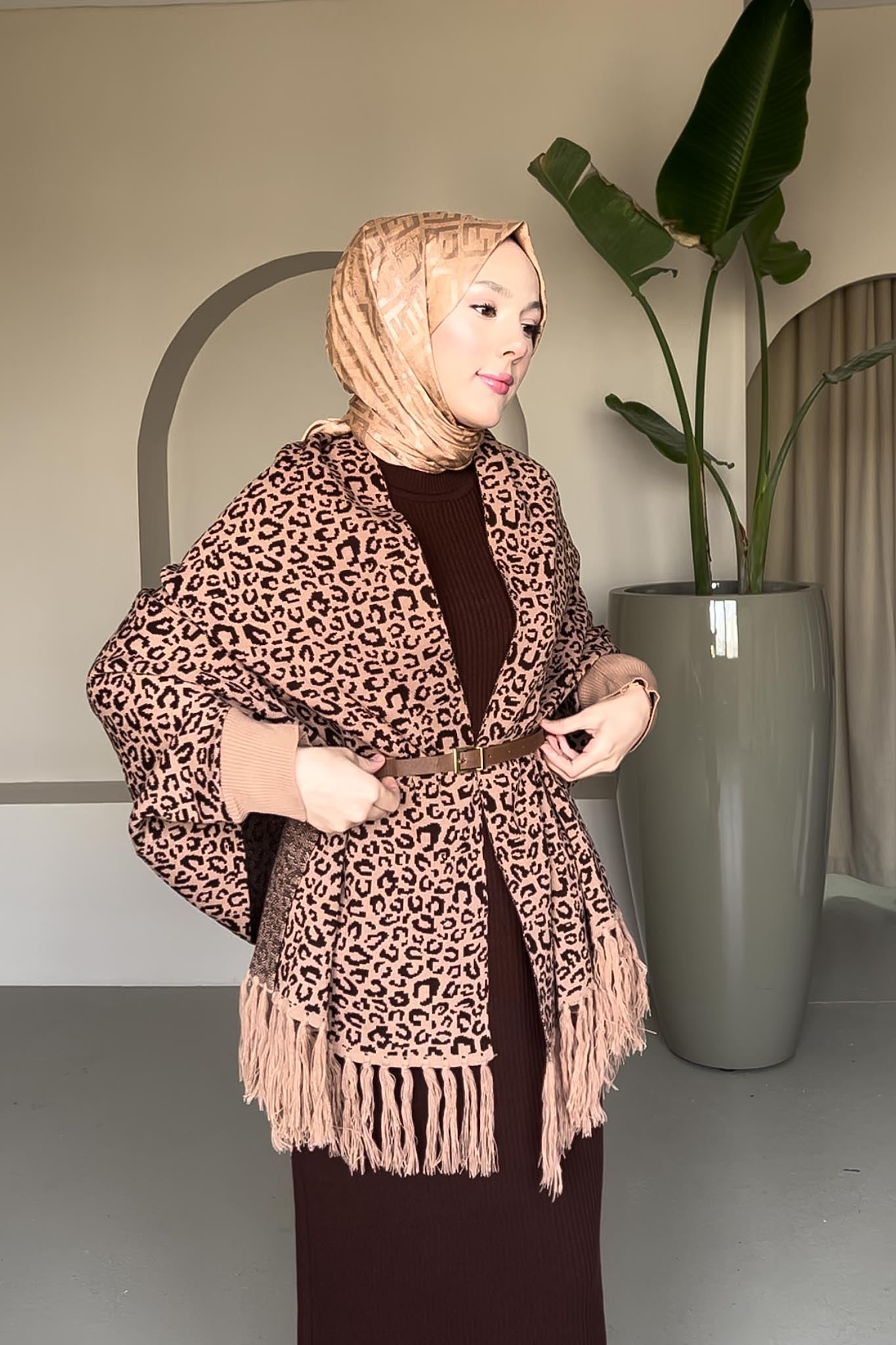 Leopar Şal Panço Kahverengi