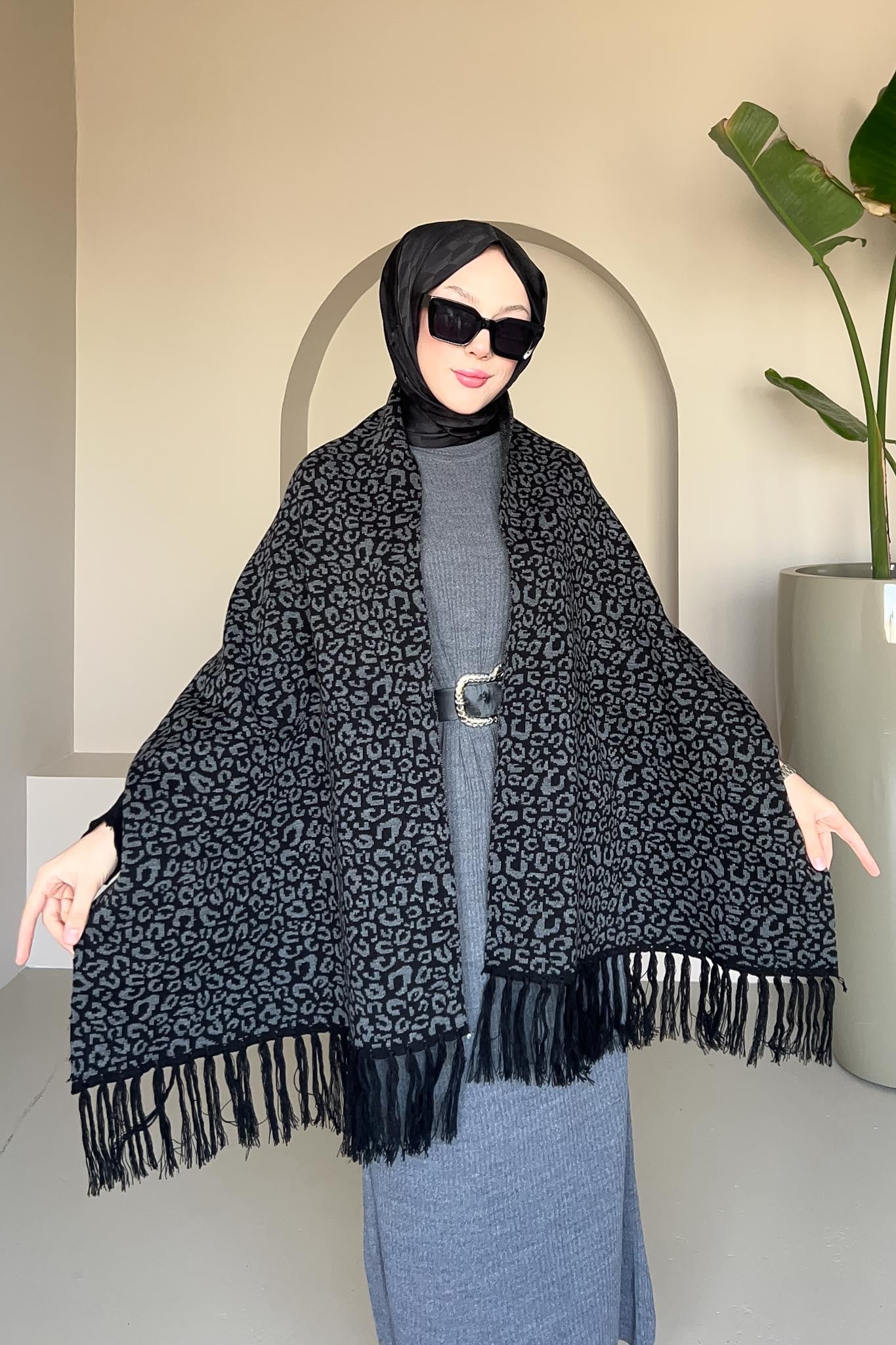 Leopar Şal Panço Siyah