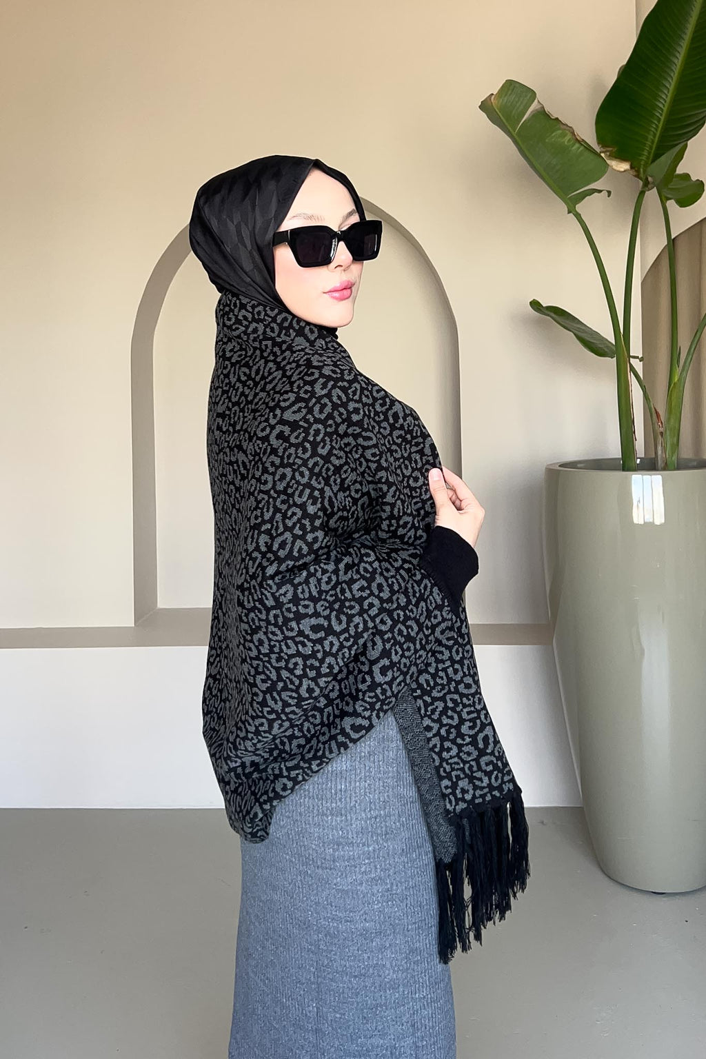 Leopar Şal Panço Siyah