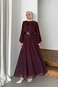 Kemerli Puanlı Elbise Bordo