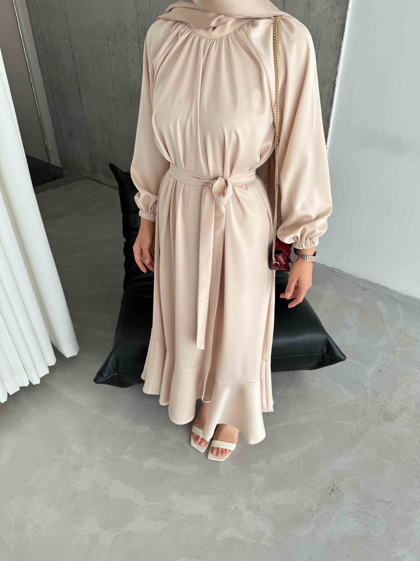 Brush Pattern Silk Satin Dress Beige