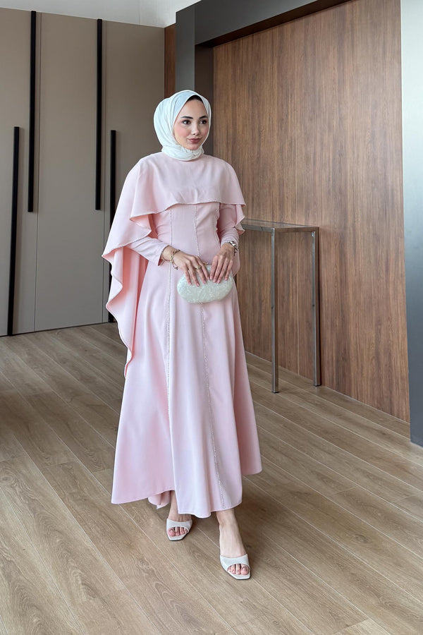 Riva Pelerin Taş Detaylı Elbise Pembe