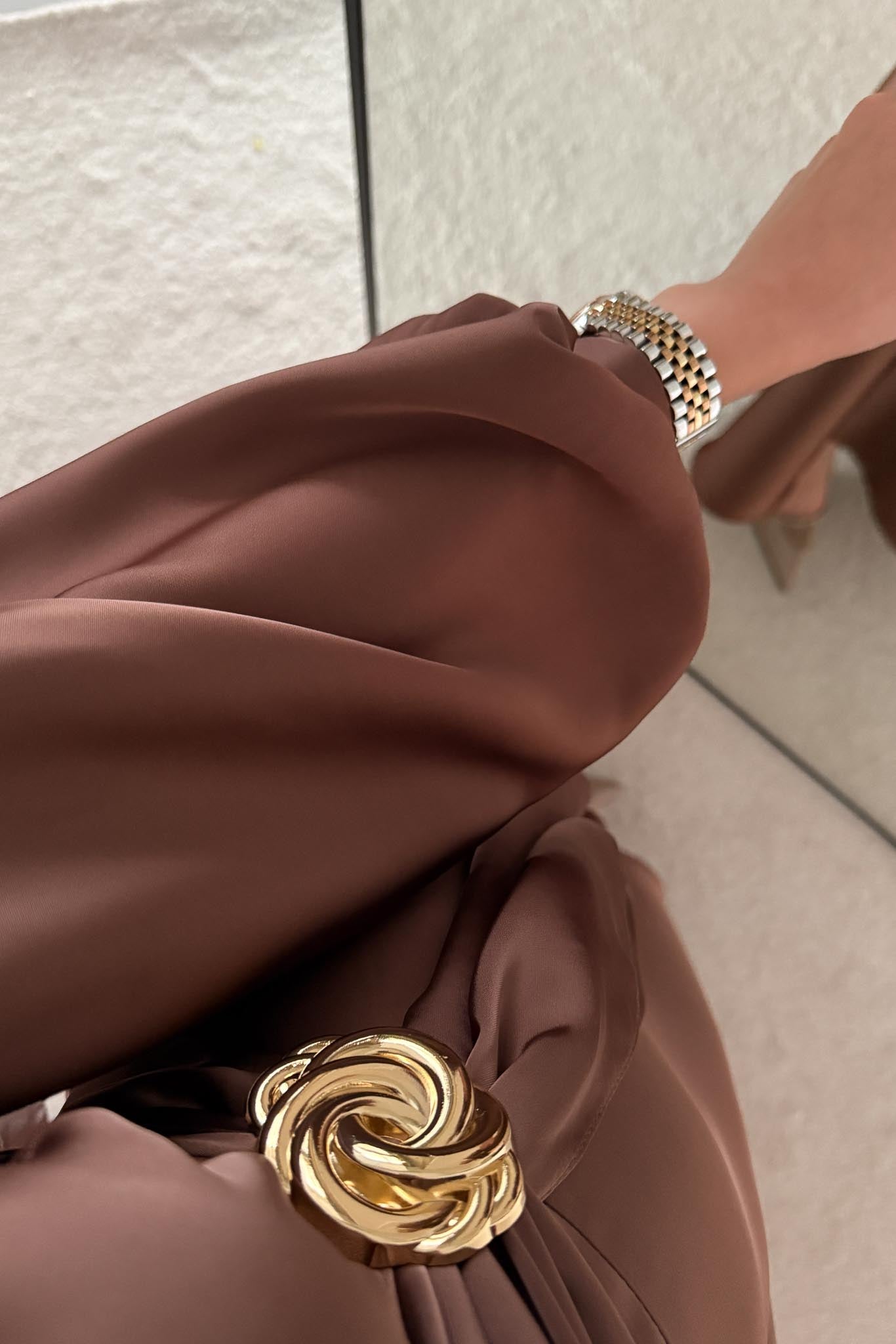 Şura Broş Saten Abiye Kahverengi