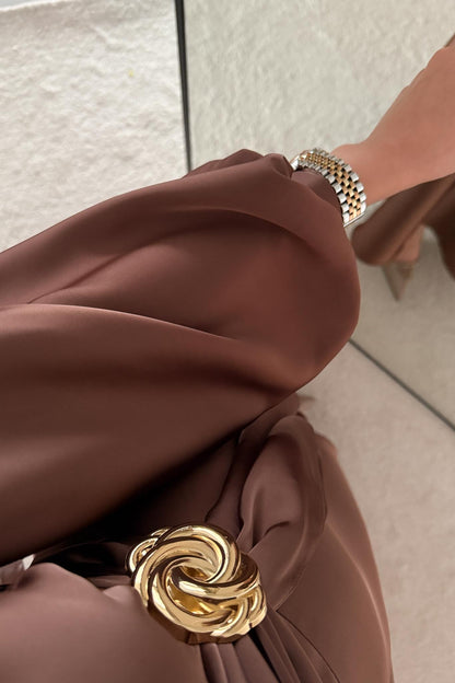 Şura Broş Saten Abiye Kahverengi