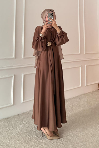 Şura Broş Saten Abiye Kahverengi