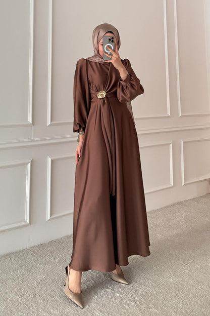 Şura Broş Saten Abiye Kahverengi