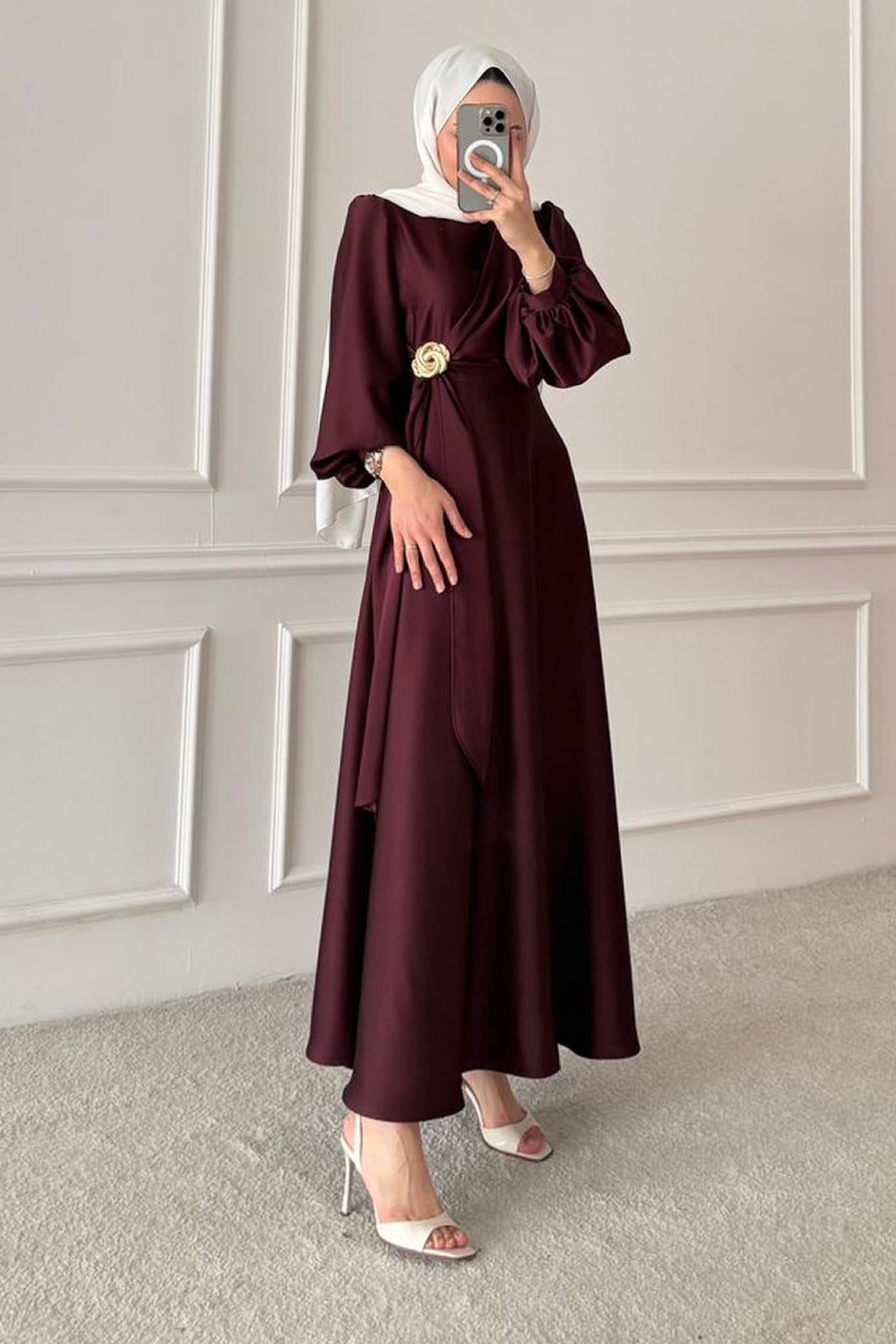 Şura Broş Saten Abiye Bordo