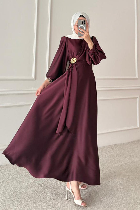 Şura Broş Saten Abiye Bordo