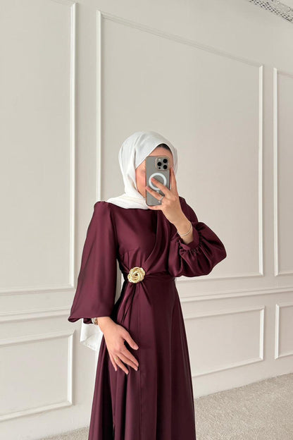 Şura Broş Saten Abiye Bordo