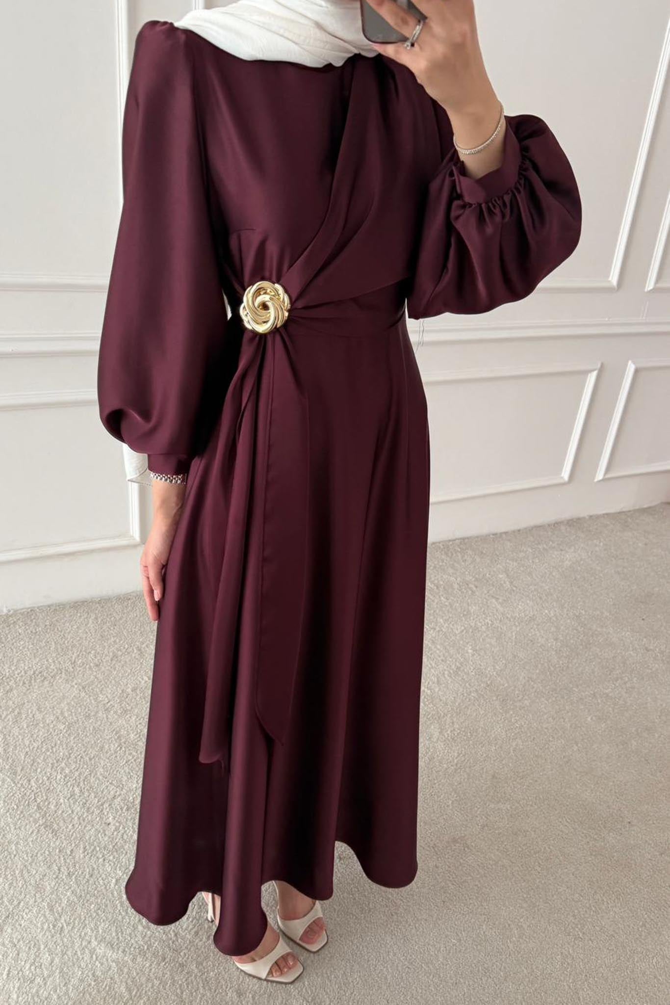 Şura Broş Saten Abiye Bordo