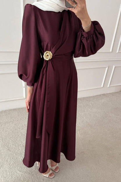 Şura Broş Saten Abiye Bordo