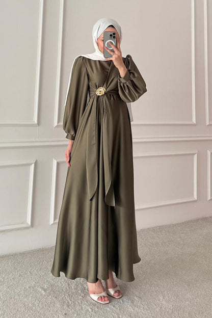 Şura Broş Saten Abiye Haki