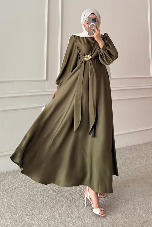 Şura Broş Saten Abiye Haki