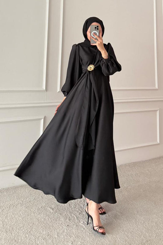 Şura Broş Saten Abiye Siyah