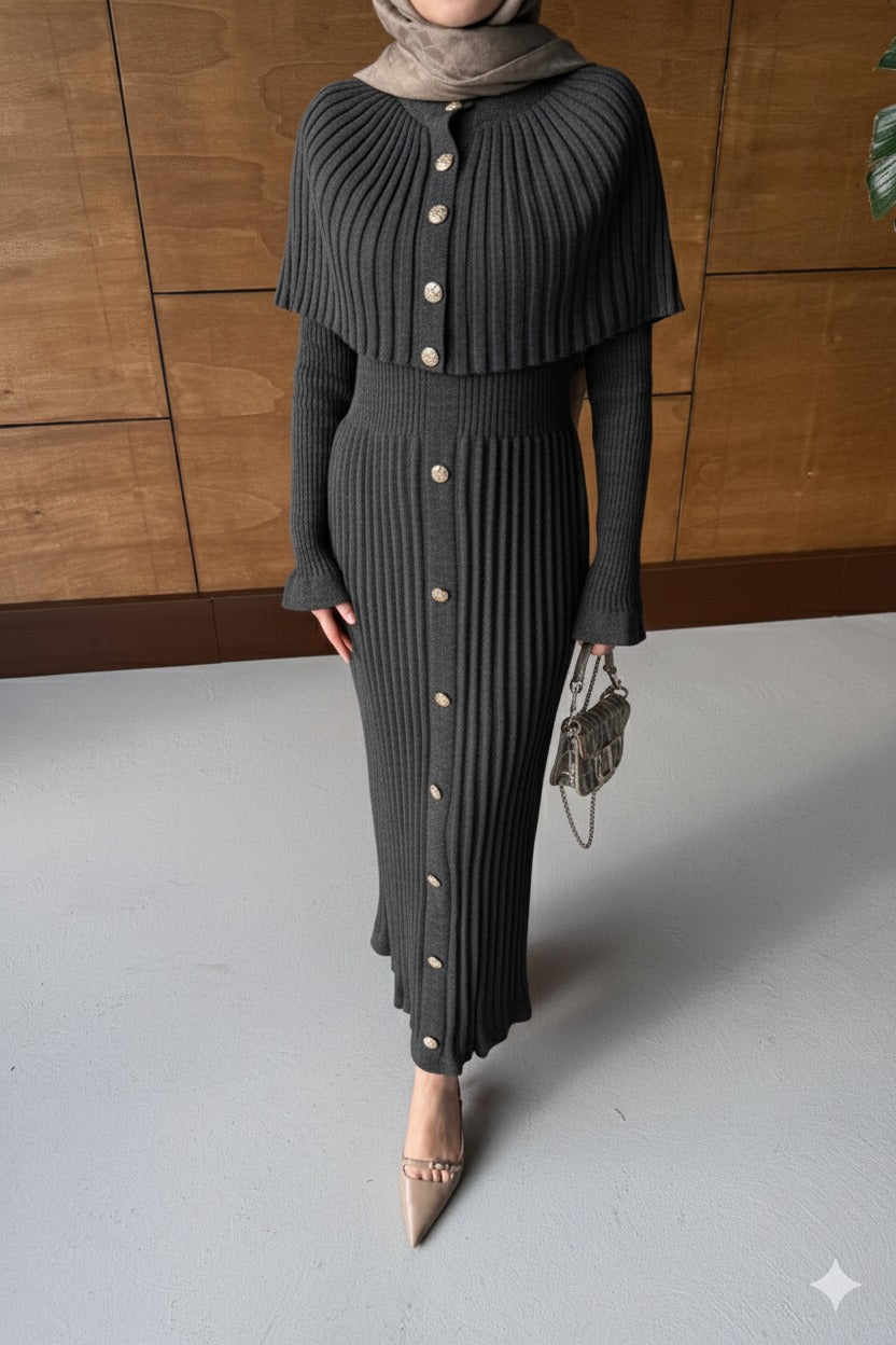 Pelerin Broş Düğmeli Elbise Antrasit