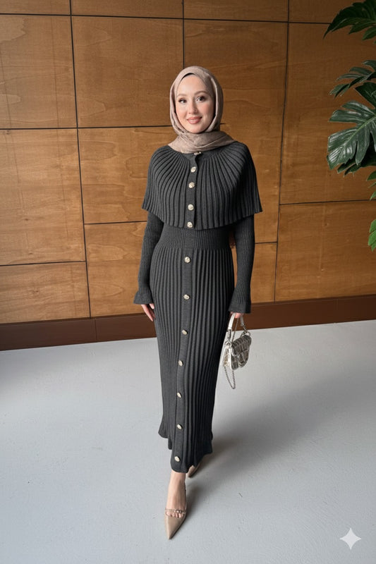 Pelerin Broş Düğmeli Elbise Antrasit