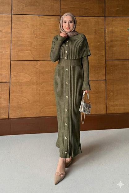 Pelerin Broş Düğmeli Elbise Haki