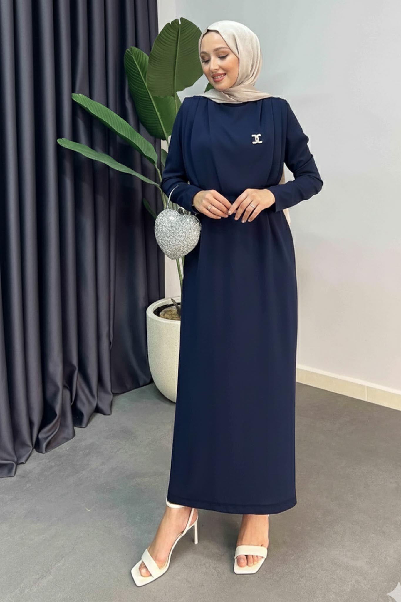 Ahsel Krep Abiye Elbise Lacivert
