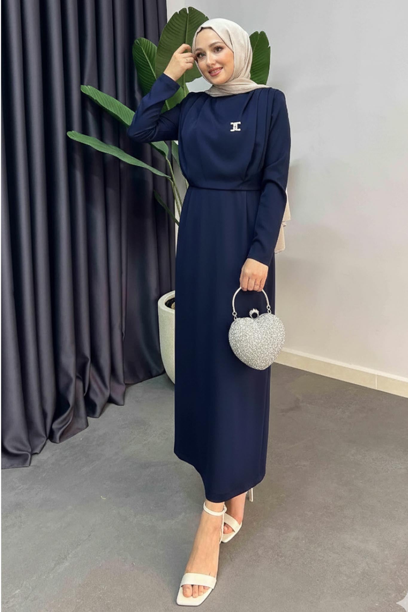 Ahsel Krep Abiye Elbise Lacivert