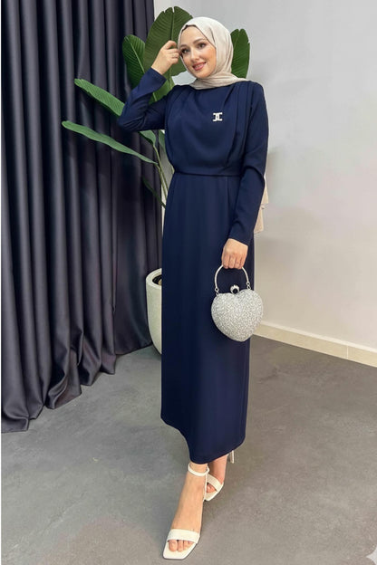 Ahsel Krep Abiye Elbise Lacivert