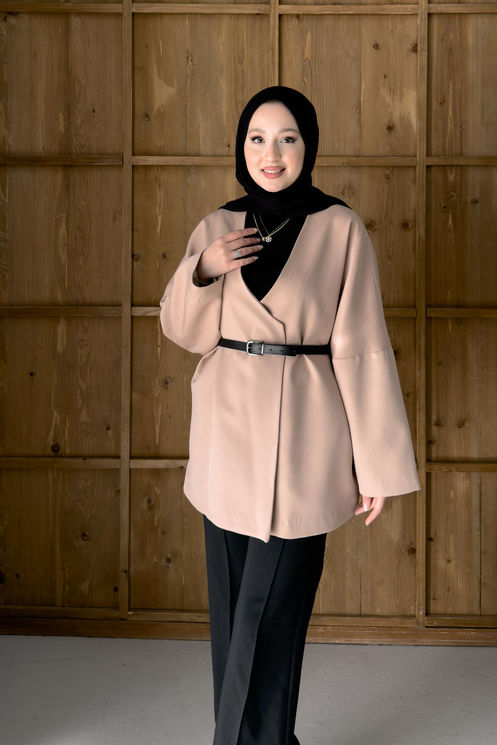 Oxford Kemerli Ceket Pudra