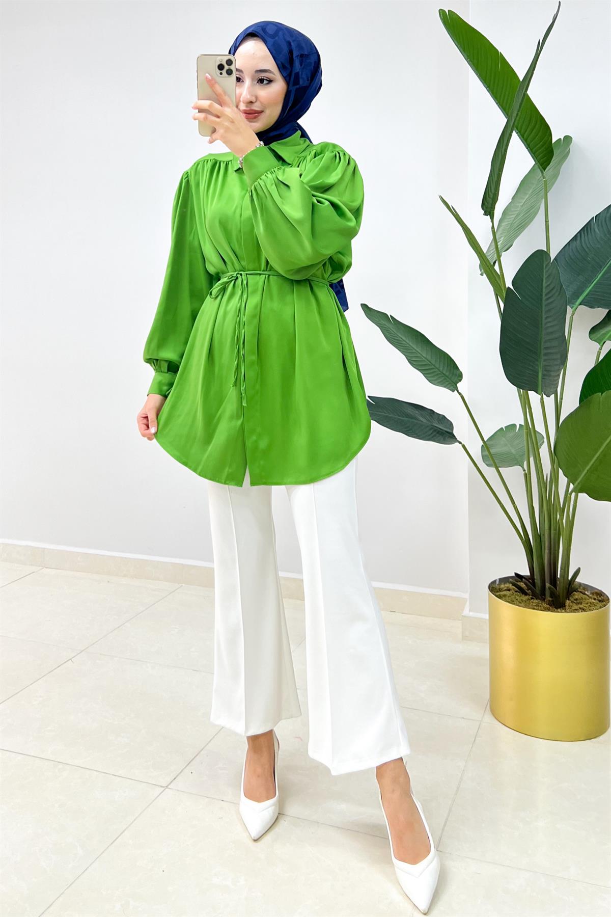 Balloon Sleeve Satin Shirt Pistachio Green