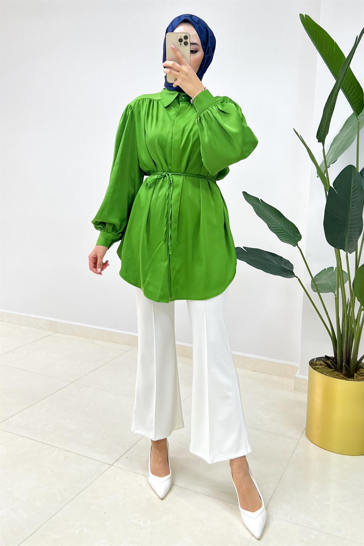 Balloon Sleeve Satin Shirt Pistachio Green