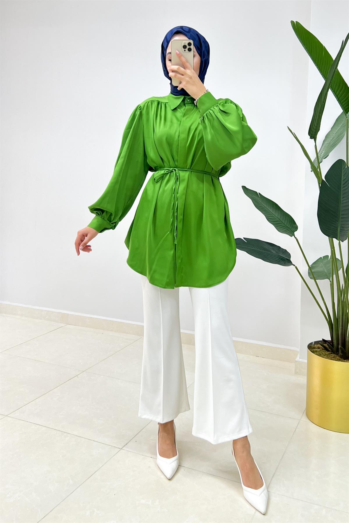 Balloon Sleeve Satin Shirt Pistachio Green