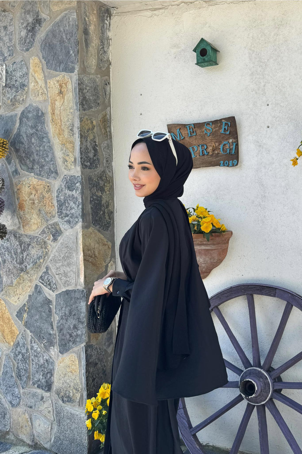 Şallı Kemerli Elbise Siyah