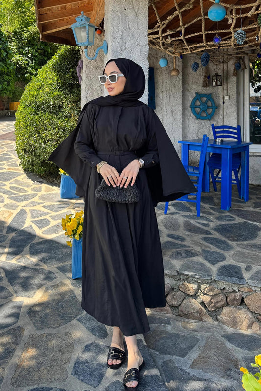 Şallı Kemerli Elbise Siyah