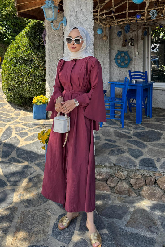 Şallı Kemerli Elbise Bordo