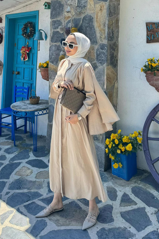 Şallı Kemerli Elbise Bej