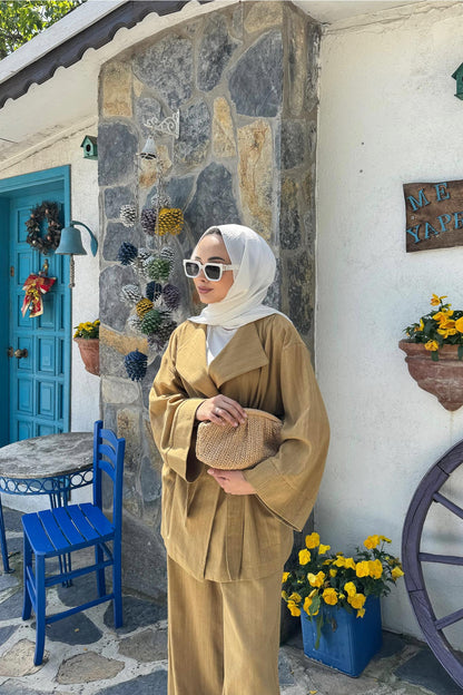 Kuşaklı Ceket Takım Yağ Yeşili