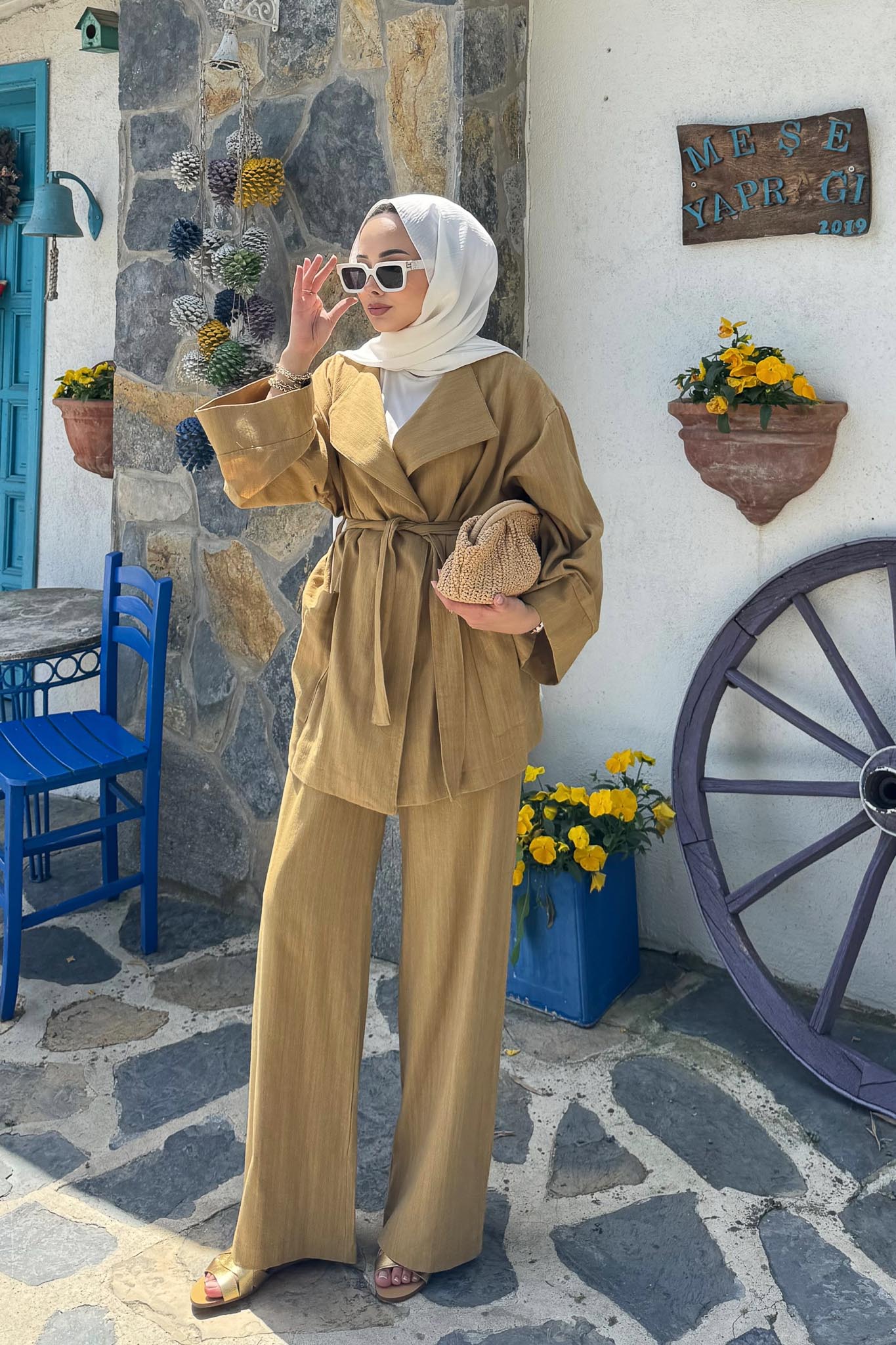 Kuşaklı Ceket Takım Yağ Yeşili