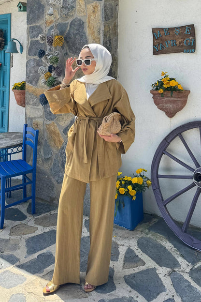 Kuşaklı Ceket Takım Yağ Yeşili