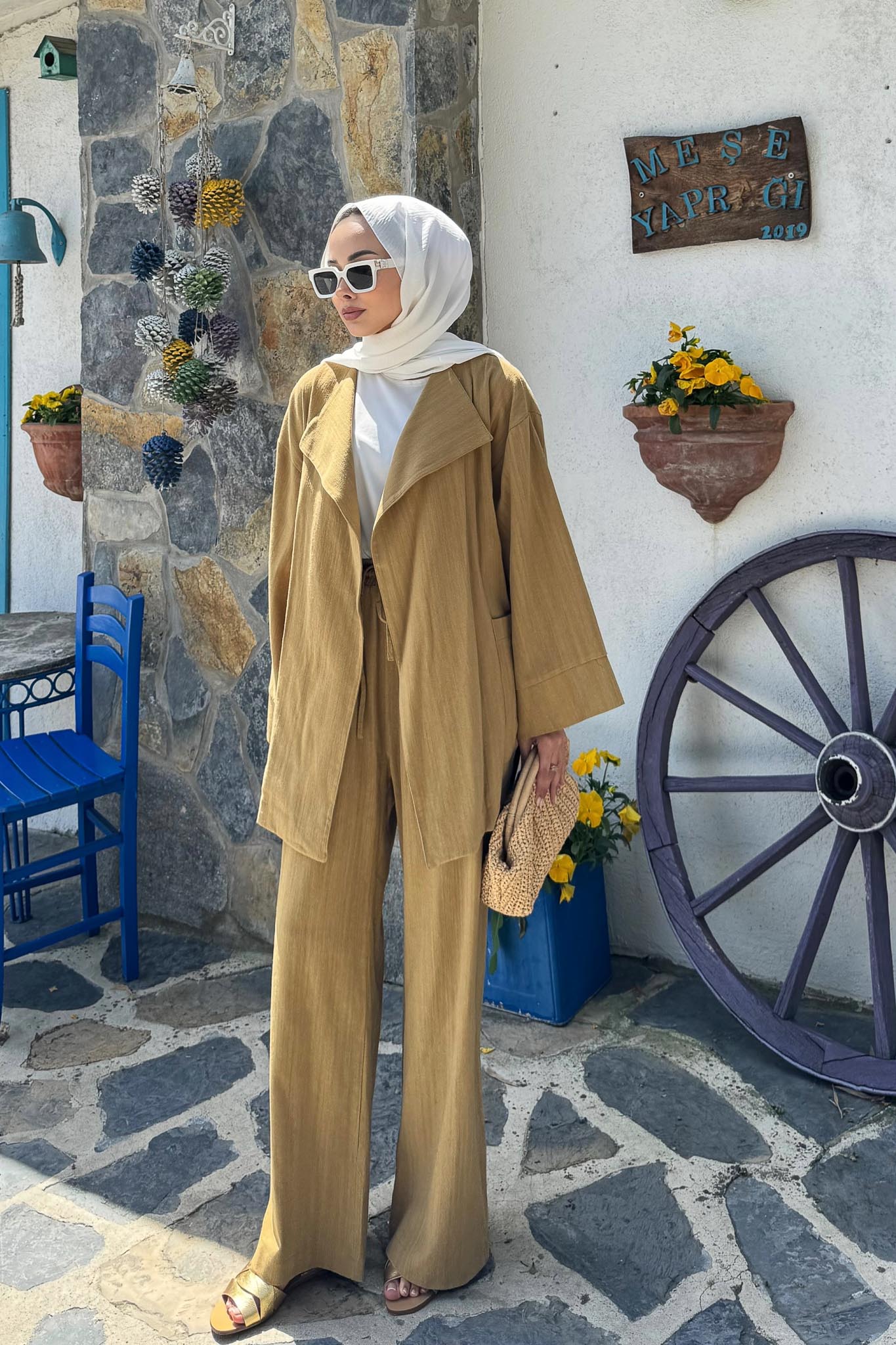 Kuşaklı Ceket Takım Yağ Yeşili