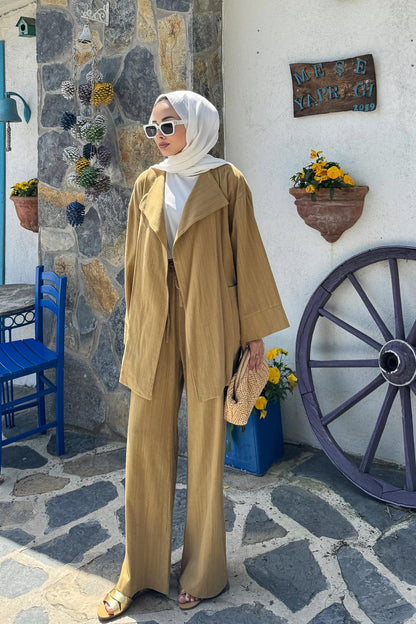 Kuşaklı Ceket Takım Yağ Yeşili